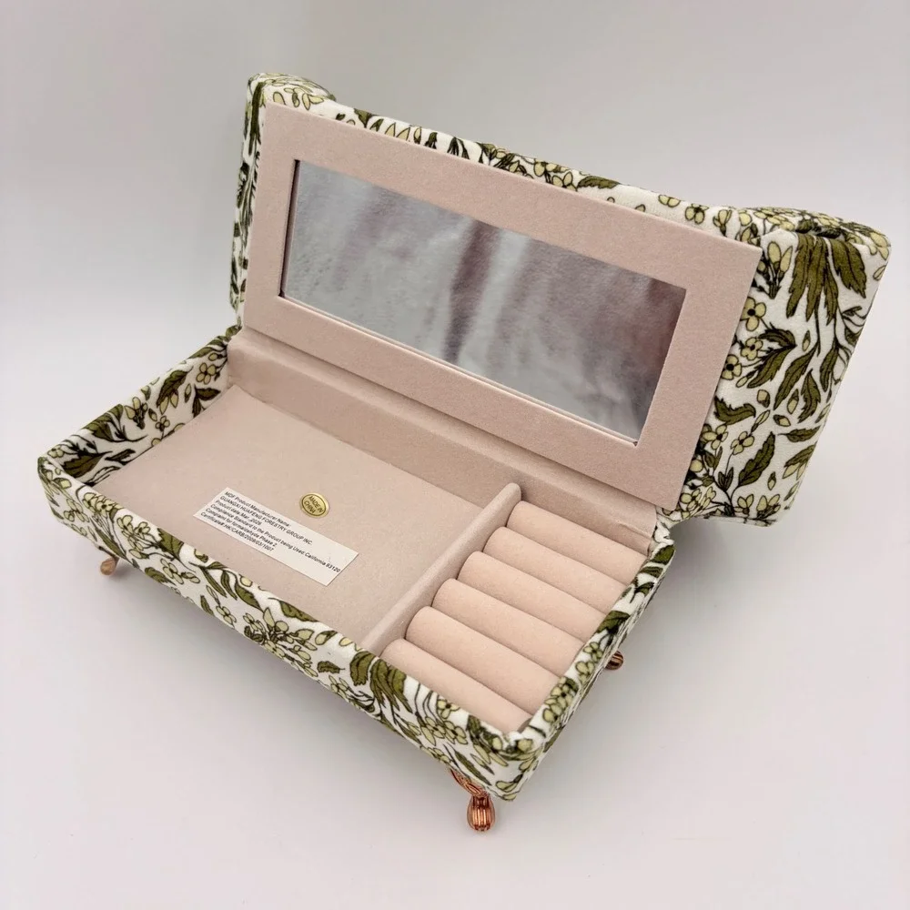 Miniature Floral Green Sofa Jewelry Box Mirror Ring Organizer Gold Legs Cream